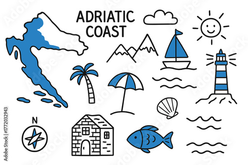 Adriatic Coast Illustration. // Adriatic coast. Hand-drawn doodle illustration Adriatic coast [coastal map (accented), sailboat (accented),