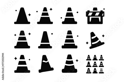 Traffic Cone Icons. Traffic cones. Solid icons set of traffic cones: orange cone silhouette, double-striped cone, roadwork cone, barrier cone, reflective cone,