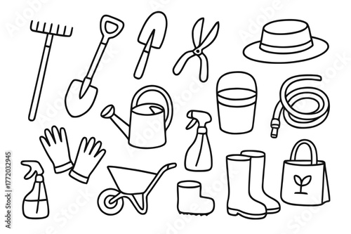 Garden Tools Doodle. Garden tools. Hand-drawn doodle illustration garden tools rake, shovel, trowel, pruning shears, gloves, watering can, bucket, spade, spray