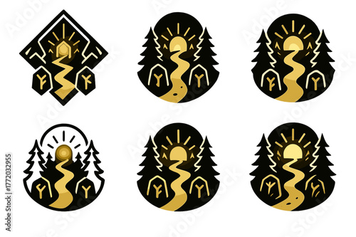 Mystical Woodland Path Logos. symbolic path leading through the woods, filled with light. Set Logo of symbolic path leading through the woods, filled with