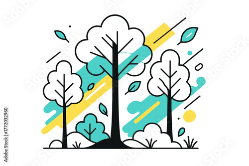 Geometric Forest Tranquility. Silent Forest. Sunlight filtering through dense forest with floating abstract geometric light rays and leaves, peaceful and