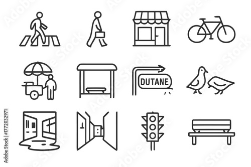 Street Photography Icons. Street Photography. Line icon set of Street Photography: crosswalk, passerby, storefront, bicycle, street vendor, bus stop, neon