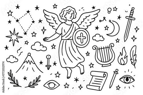 Mythical Constellation Icons. Stars and mythology. Hand-drawn doodle illustration Stars and mythology winged figure, constellation lines, crown, sword, shield,