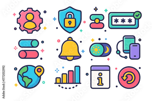 Colorful Settings Icons. Settings and preferences. Colorful isometric vector icons set of settings and preferences: profile settings, account security,