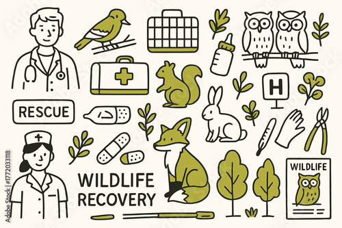 Wildlife Rehabilitation Scene. Wildlife recovery. Hand-drawn doodle illustration veterinarian (colored), injured bird (colored), animal cage (colored), medical