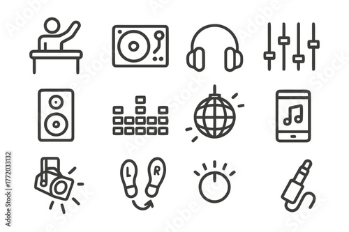 DJ Icon Set. DJ and Dancefloor. Line icon set of DJ and Dancefloor: DJ booth, turntables, headphones, mixer sliders, speaker, equalizer bars, disco ball,