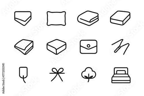 Duvet Corner Icons. Duvet corner. Line icon set of duvet corner: duvet cover, pillow, blanket, bed sheet, corner fold, mattress, button closure, zipper, fabric