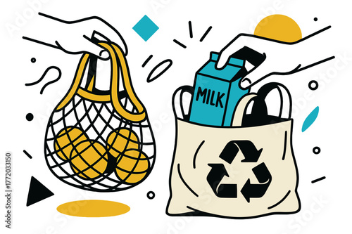 Eco-Friendly Shopping. Eco-Friendly Shopping Hauls. Close-up of eco-friendly products being placed in reusable bags with floating abstract geometric shapes,