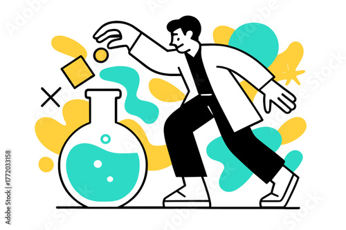 Dynamic Catalyst Scene. Catalyst. Person dropping a catalyst into a solution with floating abstract geometric shapes and glowing accents, experimental and