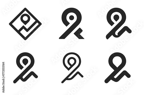 GPS Tracking Logo Variants. GPS run tracking. Set Logo of GPS run tracking: map route line with location pin. harmonious logo variations of the same emblematic