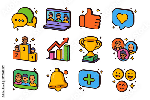 Online Fitness Icons. Online fitness community. Colorful isometric vector icons set of Online fitness community: chat bubbles, video conference group, like