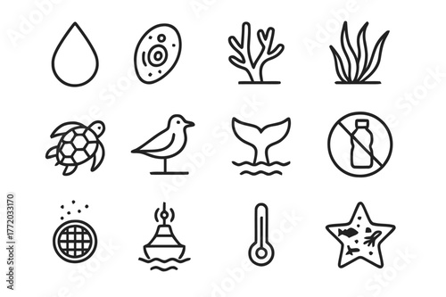 Ocean Health Icons. Ocean Health. Line icon set of Ocean Health: clean water droplet, plankton icon, coral branch, seagrass bed, sea turtle, seabird, whale
