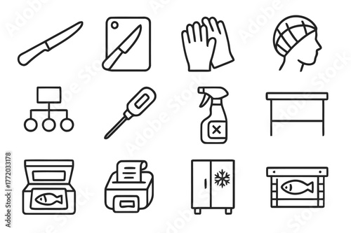 Seafood Processing Icons. Seafood Processing and Handling. Line icon set of Seafood Processing and Handling: fillet knife, cutting board, protective gloves,
