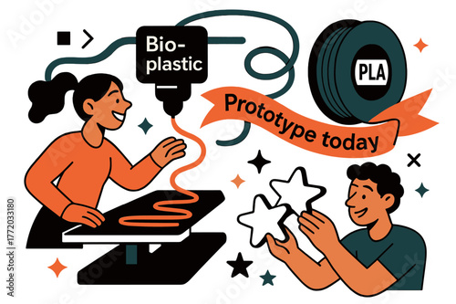 Bioplastic Printing Process. 3D printing with bioplastics. A printer head lays smooth lines as a spool labeled ?PLA? hums; ?Prototype today? ribbon twirls.