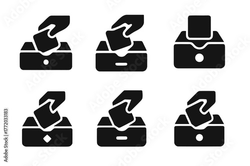 Drawer Organization Icons. Cleaning Out a Drawer. Set Logo of Organizing Icon: Filled silhouette, Abstract geometric, Negative space, Symmetrical form,