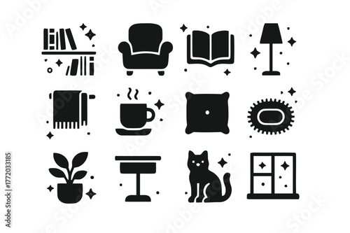 Cozy Reading Icons. Book Lover?s Spot. Solid icons set of Book Lover?s Spot: bookshelf, armchair, book, lamp, blanket, coffee cup, cushion, rug, plant, side