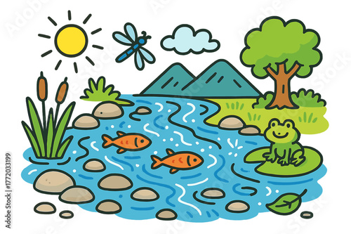 Colorful River Scene. Clear river. Colorful Hand-drawn doodle Children illustration Clear river flowing water, smooth stones, fish, reeds, dragonfly, sunlight