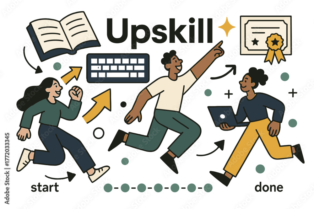 Fototapeta premium Dynamic Upskill Vision. Vision Board ? Learning & Skills. Book, keyboard, and certificate cards overlap; headline ?Upskill? with a spark. Progress dots step