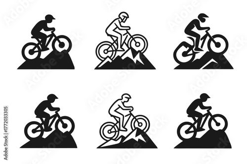 Mountain Biking Logos. Mountain biking. Set Logo of Mountain biking: cyclist climbing hill trail. harmonious logo variations of the same emblematic concept,