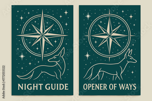 Night Guide Banners. Stellar Navigator. Two vertical A6 banners with safe margins, centered composition, no elements touching edges, modern, teal and ivory,