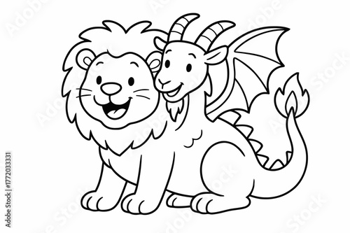 Friendly Chimera Coloring. Chimera children?s coloring book illustration, outlined drawing, a friendly mythical creature combining a lion, goat, and dragon
