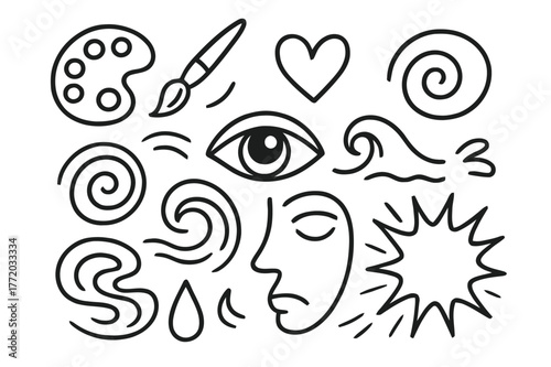 Expression Doodle Icons. Expression through color. Hand-drawn doodle illustration expression through color palette, brush, swirl, eye, heart, wave, tear, paint