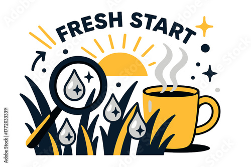 Dewy Morning Vibes. Morning dew. Sunlight flicks on like a switch as droplets sparkle on blades of grass; ?Fresh start? glows above a steaming cup. A