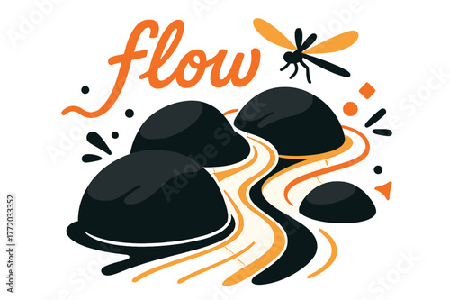 Flowing Nature Artistry. Pebble ? Stream Whisper. Water glides between stones with thin highlight lines; text ?flow? drifts along the curve. A dragonfly