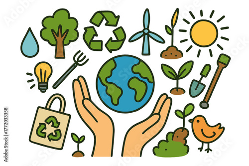 Colorful Eco Symbols. Protecting the planet. Colorful Hand-drawn doodle Children illustration Protecting the planet tree, recycle symbol, globe, windmill,