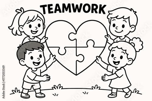 Puzzle Heart Teamwork. Teamwork puzzle children?s coloring book illustration, outlined drawing, cheerful kids each holding one puzzle piece and joining them to