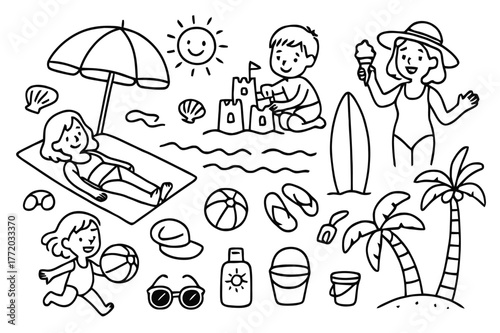 Beach Day Doodles. People enjoying a day at the beach. Hand-drawn doodle illustration people enjoying a day at the beach umbrella, beach towel, sunglasses,