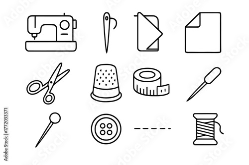 Garment Construction Icons. Garment construction. Line icon set of garment construction: sewing machine, needle, thread, fabric fold, scissors, thimble,