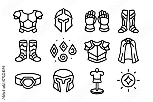 Fantasy Armor Icon Set. Fantasy armor. Line icon set of fantasy armor: chestplate, helmet, gauntlets, greaves, boots, enchanted runes, shoulder plates, cape,