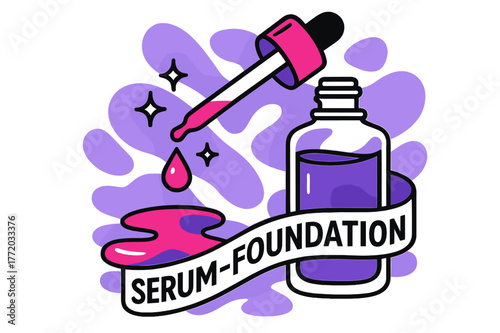 Serum Drop Magic. Dropper Bottle Concept. A glass pipette releases a precise drop that blooms into a silky puddle; ?Serum-Foundation? floats like a ribbon.