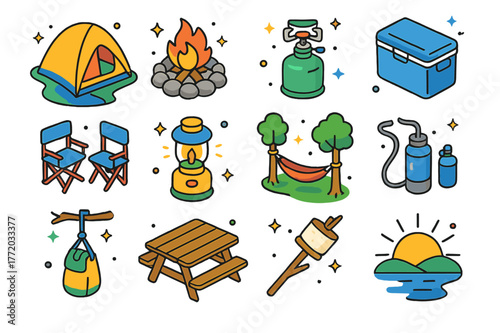 Riverside Camping Icons. Riverside campsite. Colorful isometric vector icons set of Riverside campsite: riverside tent, campfire ring, backpacking stove,