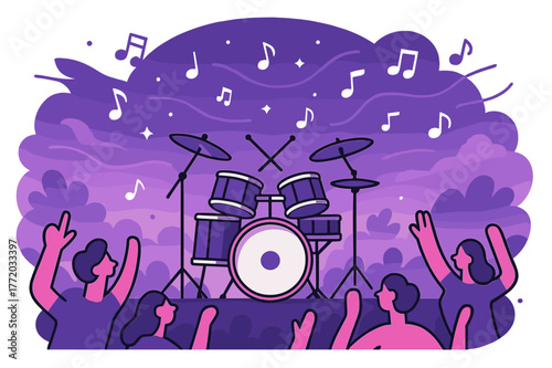 Twilight Drum Symphony. Open Air Gig. Drum kit centered against a twilight sky with abstract crowd silhouettes and breeze lines. Music notes scatter like