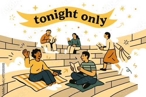 Stars Over Amphitheater. Amphitheater ? Audience on Stone Tiers. People settle with blankets and programs; stars rise above the rim of the bowl. Ribbon text
