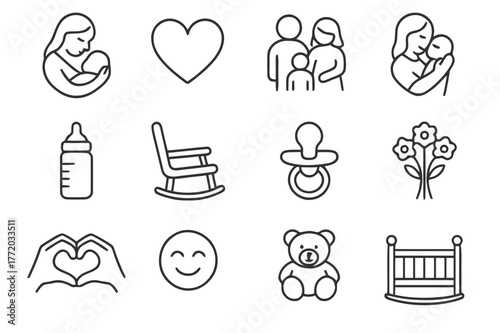 Symbols of Mother's Love. Mom?s love. Line icon set of mom?s love: mother holding baby, heart, family, hug, baby bottle, rocking chair, pacifier, flowers,