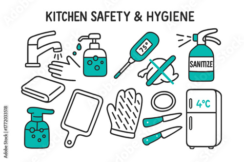 Kitchen Safety Essentials. // Kitchen safety & hygiene. Hand-drawn doodle illustration Kitchen safety & hygiene [handwashing tap (accented), soap dispenser