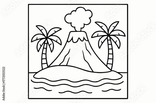 Volcano Coloring Fun. Island volcano children?s coloring book illustration, outlined drawing, a peaceful cone-shaped volcano on a tiny island with palm trees