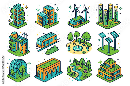 Solarpunk City Icons. solarpunk cityscapes. Colorful isometric vector icons set of solarpunk cityscapes: vertical gardens, solar facades, micro wind turbines,