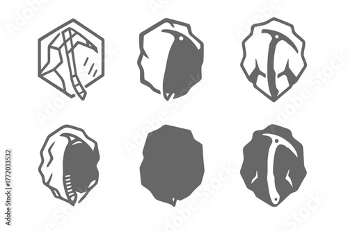 Ice Climbing Logos. Ice climbing. Set Logo of Ice climbing: ice axe on frozen wall. harmonious logo variations of the same emblematic concept, each with