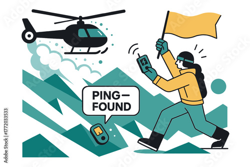 Avalanche Rescue Scene. Avalanche Response. Snow dust plumes as the bird hovers; a rescuer with a beacon waves a bright flag. ?PING?FOUND? blips in a small