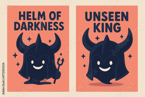 Helm of Darkness Banners. Helm of Darkness. Two vertical A6 banners with safe margins, centered composition, no elements touching edges, cartoon, indigo and