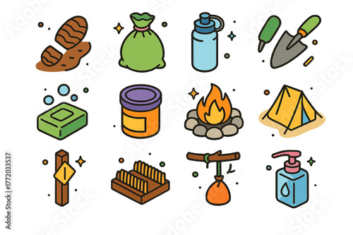Leave No Trace Icons. Leave No Trace while hiking. Colorful isometric vector icons set of Leave No Trace while hiking: footprint on trail, trash bag, reusable