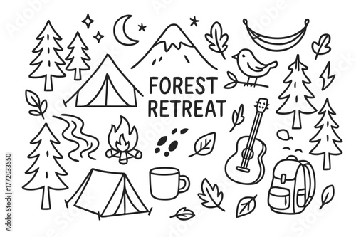 Forest Retreat Icons. Forest retreat. Hand-drawn doodle illustration forest retreat pine trees, tent, campfire, stream, leaves, footprints, mug, stars, moon,