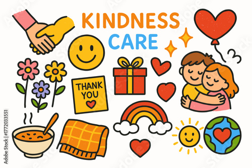 Colorful Acts of Kindness. Kindness and care. Colorful Hand-drawn doodle Children illustration Kindness and care helping hands, smiley faces, heart balloon,