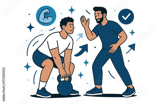 Dynamic Fitness Coaching. Fitness training and personal coaching. Client lifting kettlebells with personal trainer coaching nearby; abstract floating icons,