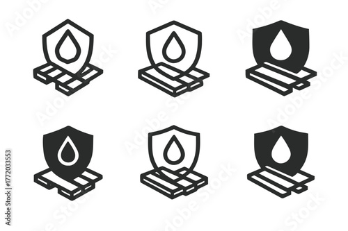 Vapor Barrier Logos. Vapor barrier. Set Logo of Vapor barrier: moisture droplet with shield over joists. harmonious logo variations of the same emblematic