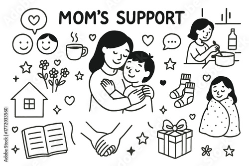 Mother's Loving Embrace. Mom?s Support. Hand-drawn doodle illustration Mom?s Support mother hugging child, heart, smiling faces, cup of tea,